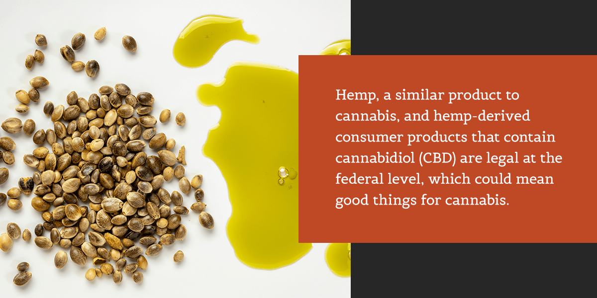 Hemp seeds and cbd oil with an informative text on the legality of hemp-derived products.
