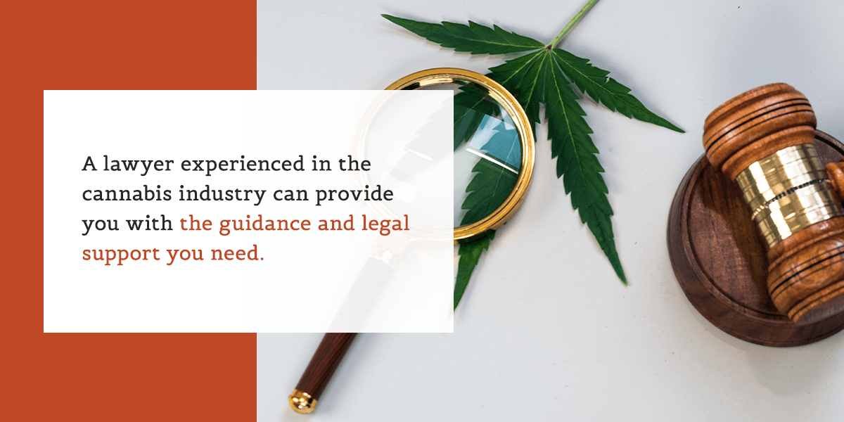 Legal support for the cannabis industry: gavel, magnifying glass, and cannabis leaf symbolize specialized legal services.