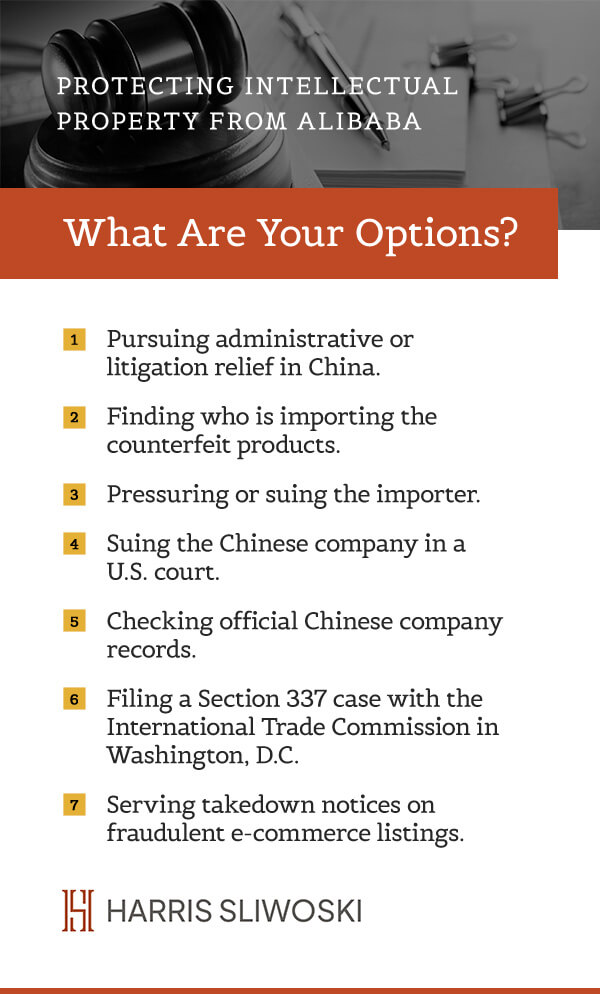 What are your options? 1: Pursuing administrative or litigation relief in China. 2: Finding who is importing the counterfeit products. 3: Pressuring or suing the importer. 4: Suing the Chinese company in a U.S. court. 5: Checking official Chinese company records. 6: Filing a Section 337 case with the International Trade Commission in Washington, D.C. 7: Serving takedown notices on fraudulent e-commerce listings.