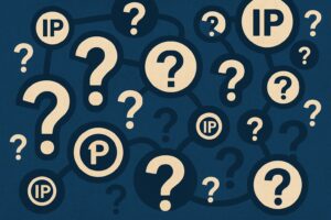 A graphic with interconnected question marks and circles containing the letters "IP" and "P" on a dark blue background, suggesting questions or uncertainty about intellectual property.