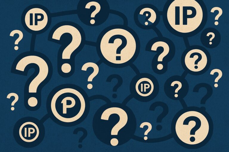 A graphic with interconnected question marks and circles containing the letters "IP" and "P" on a dark blue background, suggesting questions or uncertainty about intellectual property.