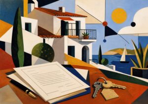 Cubist-style painting of a Mediterranean house with a balcony, paperwork and keys on a table in the foreground, and a sailboat on the sea in the background.