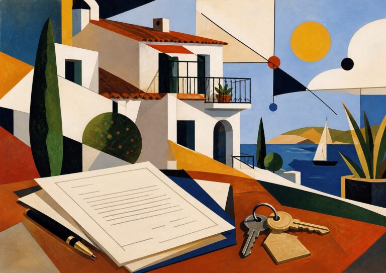 Cubist-style painting of a Mediterranean house with a balcony, paperwork and keys on a table in the foreground, and a sailboat on the sea in the background.
