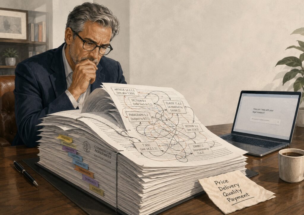 A man in glasses studies a large, marked-up contract at a desk with coffee and a laptop displaying a message, “How can I help you?” A notepad reads “Price Delivery Quality Payment.”.