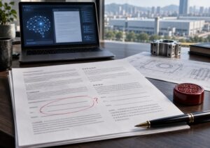 A desk with documents in Chinese, a pen, a red stamp, blueprints, and a laptop displaying a neural network graphic—perfectly illustrating that your AI China contract needs a China lawyer—set against a window with a cityscape view.