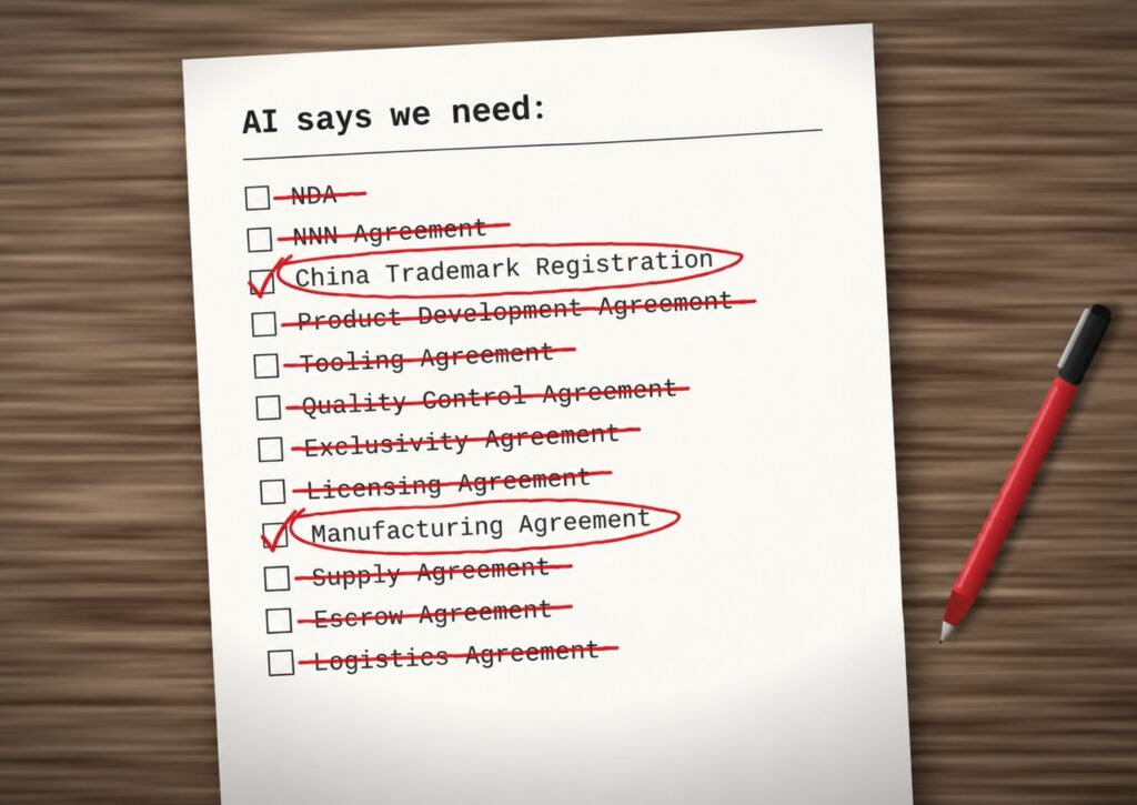 A checklist titled “AI says we need:” with “China Trademark Registration” and “Manufacturing Agreement” checked and circled, and all other items crossed out.