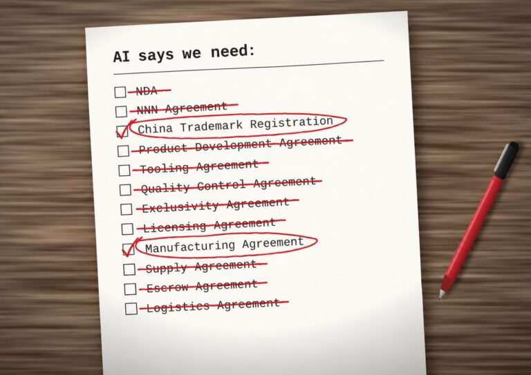 A checklist titled “AI says we need:” with “China Trademark Registration” and “Manufacturing Agreement” checked and circled, and all other items crossed out.