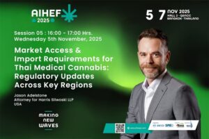A promotional banner for AIHEF 2025 features Jason Adelstone, who will speak on medical cannabis regulations in Bangkok on November 5, 2025.