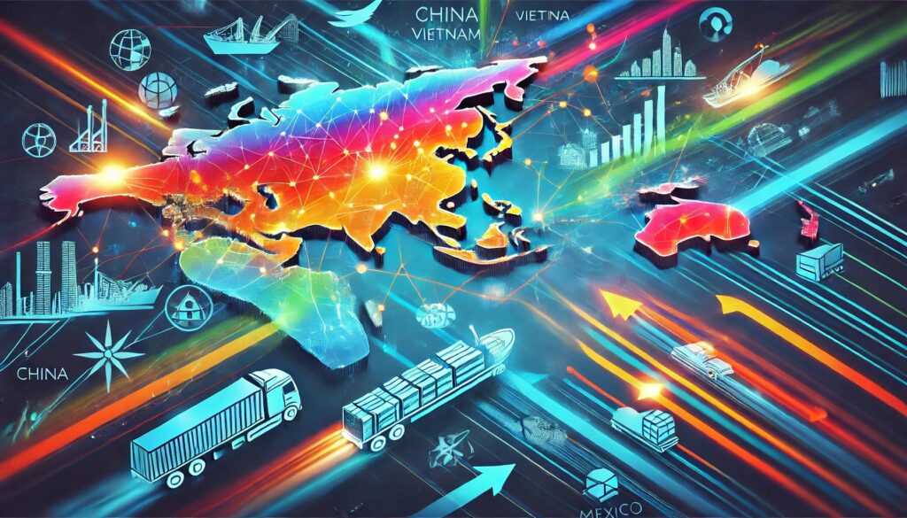 一张色彩斑斓的世界地图，地理区域被突出显示。周围环绕着代表贸易、科技和图表的符号，标注着中国、越南和墨西哥等国家名称。