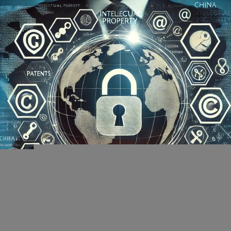 Hands hold a globe with a lock symbol, surrounded by icons and words related to intellectual property, including "patents," "copyright," and "protection.