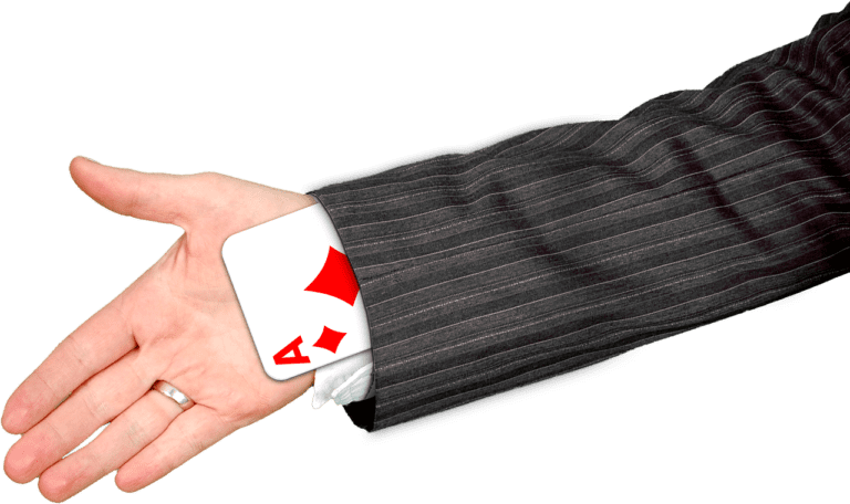 A person's hand wearing a pinstripe suit has an ace of diamonds card hidden under the sleeve.
