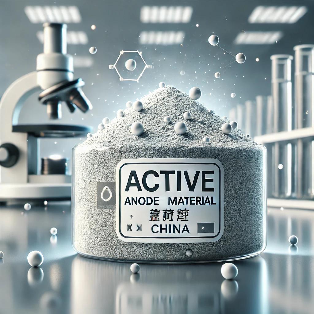 A container labeled "Active Anode Material" with scientific equipment like a microscope and test tubes in the background.