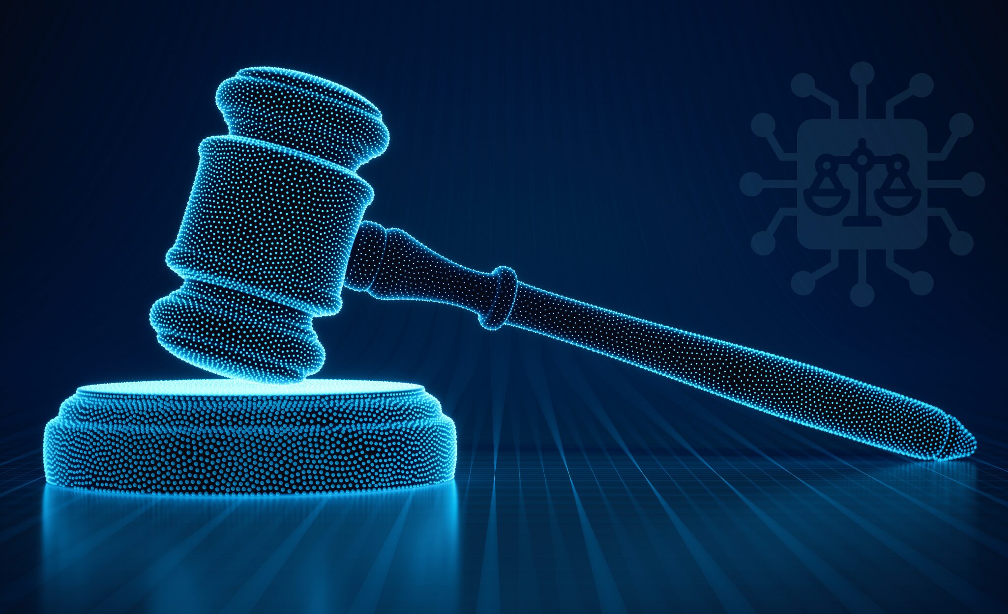 Digital illustration of a gavel composed of light blue dots against a dark blue background with a justice symbol on the right side.