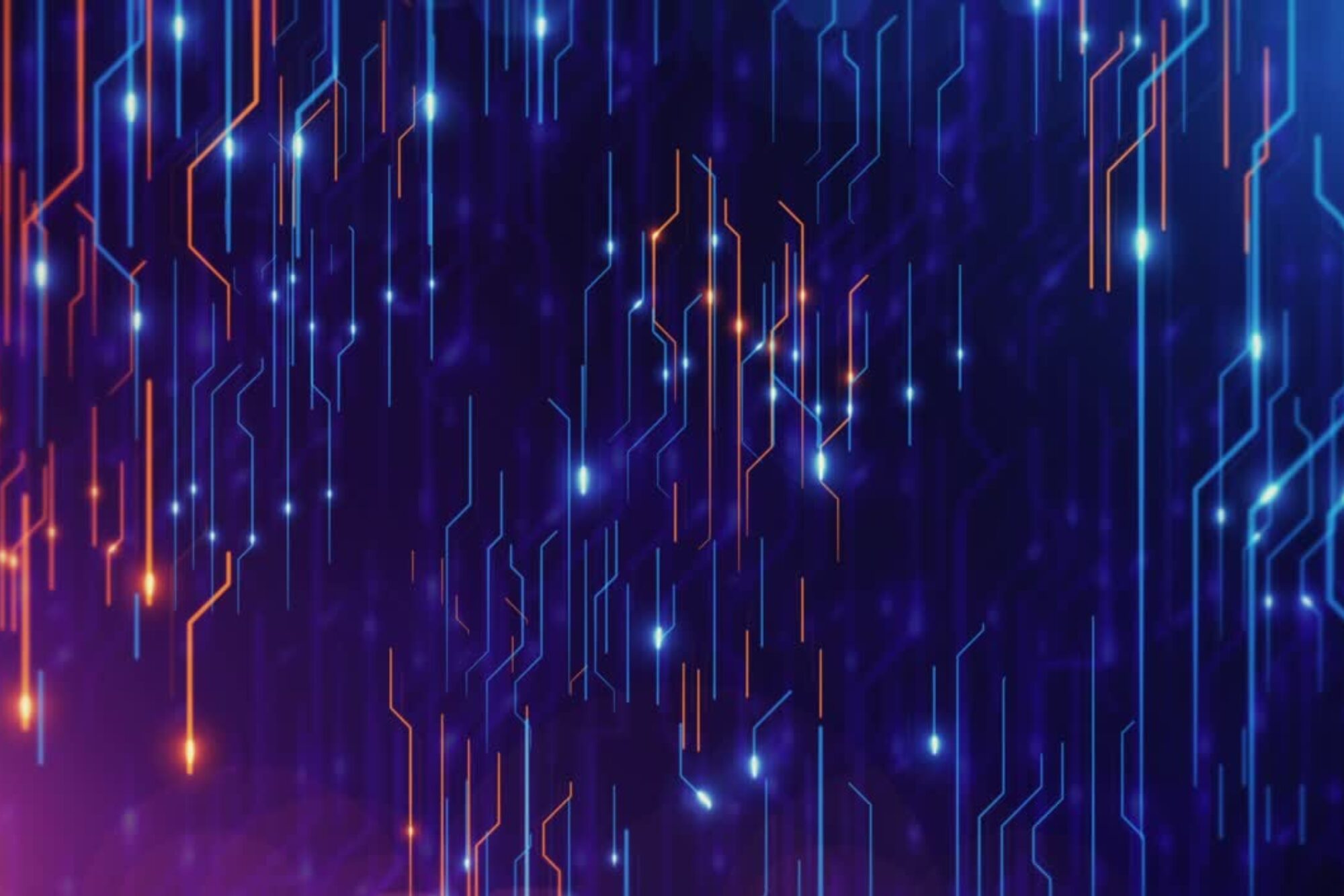 Abstract digital background with blue and orange neon lines and glowing dots on a dark backdrop.