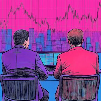 Two individuals in suits sit at a desk with laptops, analyzing a pink and blue financial graph with cityscape elements in the background.