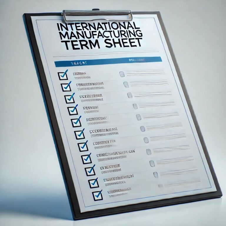 A clipboard holds an "International Manufacturing Term Sheet Checklist" with a list of items relevant to creating such a checklist