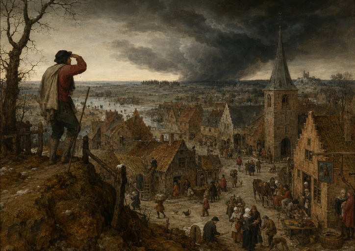 A man on a hill overlooks a busy village with people and animals; storm clouds and smoke—much like the looming risks of lawsuits for businesses—rise in the distant background.