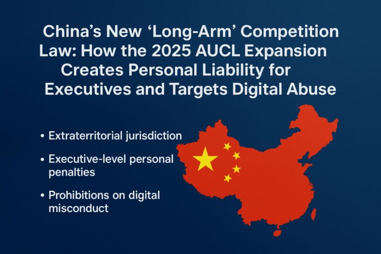 A slide showing China's new 2025 AUCL law, its impact on executives, and digital abuse, with a map of China and key points listed beside it.