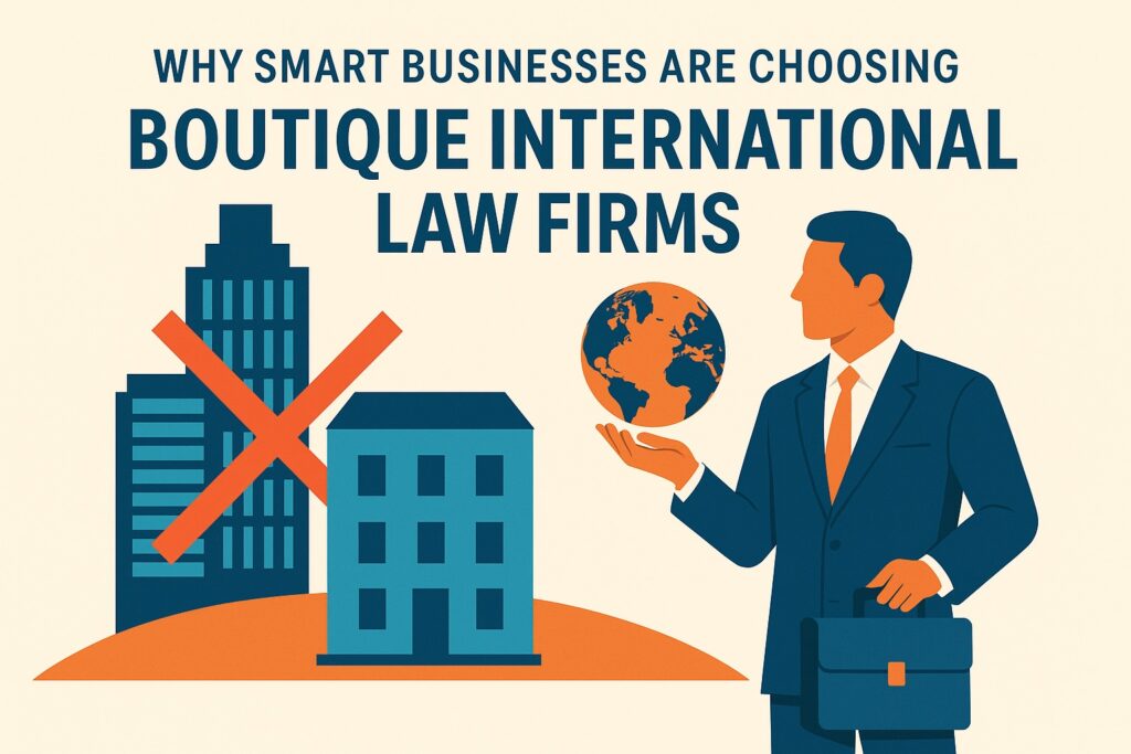 Illustration of a businessperson holding a globe, with an office building crossed out, promoting boutique international law firms over large firms.
