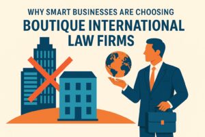 Illustration of a businessperson holding a globe, with an office building crossed out, promoting boutique international law firms over large firms.