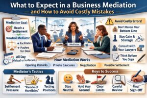 Three business professionals sit across a table with a mediator between them, surrounded by illustrated mediation tips, tactics, and success keys for business mediation.