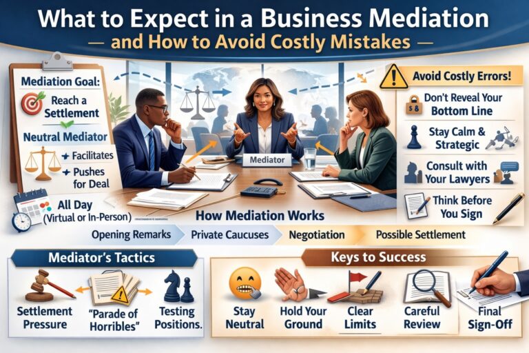 Three business professionals sit across a table with a mediator between them, surrounded by illustrated mediation tips, tactics, and success keys for business mediation.