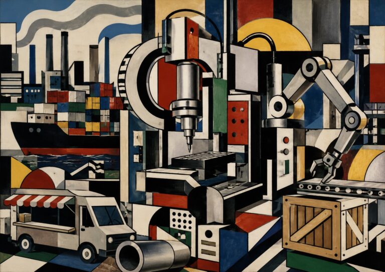 Abstract painting of an industrial scene with factories, shipping containers, machinery, a robotic arm, a food truck, and a wooden crate in a geometric, colorful style.