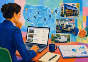 A woman at a desk reviews logistics on a laptop, with a U.S. map, business photos, graphs, and a van, suggesting business planning and distribution analysis.