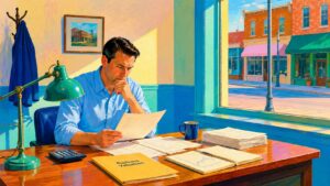 A man sits at a desk reviewing papers, with a calculator, coffee mug, and business valuation folder, in an office overlooking a sunny street with shops.