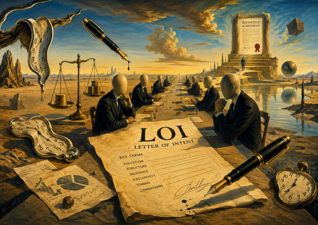 Surreal scene of faceless figures at a table signing a Letter of Intent, surrounded by melting clocks, scales, charts, and large pens—a symbolic depiction of buying a business in the U.S.—with a contract on a pedestal in the background.