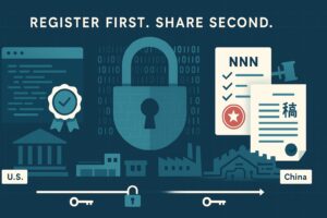 Illustration showing secure document registration and sharing processes in the U.S. and China, with a central lock symbolizing data protection.