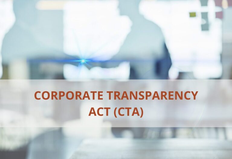 Blurred background with shadowy figures and the text "CORPORATE TRANSPARENCY ACT (CTA)" in bold letters on a translucent banner.