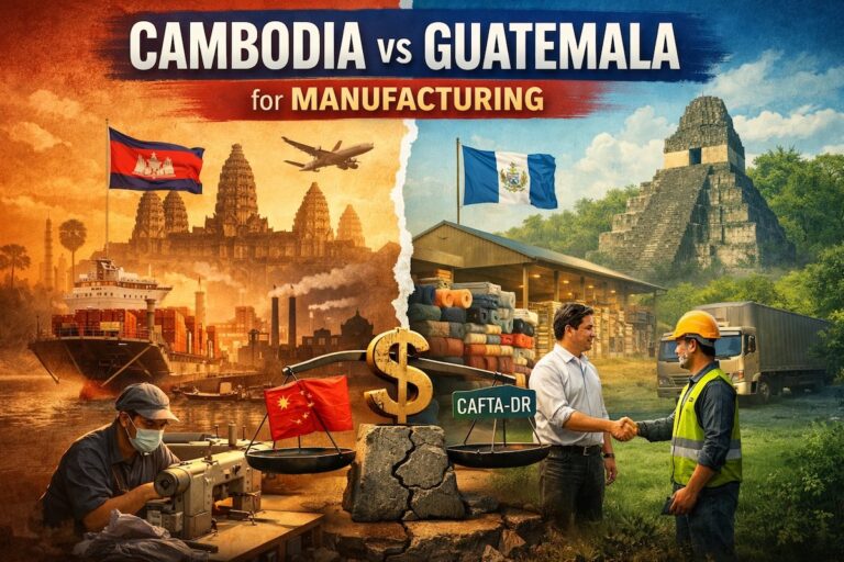 Illustration comparing manufacturing in Cambodia and Guatemala, featuring national flags, landmarks, a cargo ship, sewing machine, goods, and two men shaking hands beside a large dollar sign.
