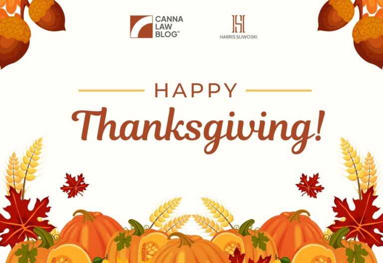 Thanksgiving greeting with pumpkins, leaves, and wheat, featuring Canna Law Blog and Harris Sliwoski logos.