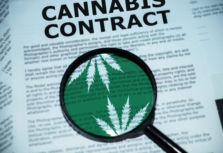 Lupa enfocando un documento titulado &quot;contrato de cannabis&quot; con el símbolo de una hoja de cannabis de una autoridad de fondo.