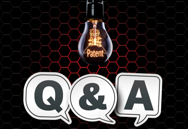 A lightbulb labeled "Patent" hangs above Q&A speech bubbles on a hexagonal black and red background, hinting at the evolving landscape of cannabis patents.