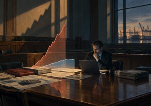 A man in a suit studies his laptop in an office; a glowing, upward-trending graph is projected above stacks of papers, with harbor cranes visible outside the window at sunset.