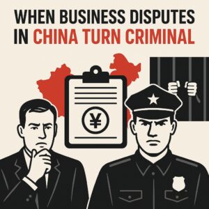 Illustration shows a businessman, a police officer, a clipboard with a yuan symbol, jail bars, and a red map of China, with the text "When Business Disputes in China Turn Criminal.