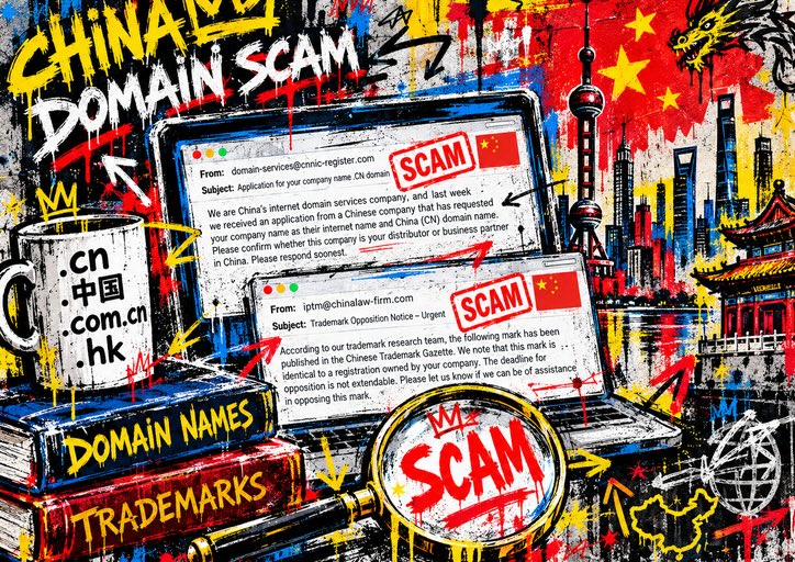 An illustration of a laptop showing China domain name and trademark scam emails, alongside a mug, books, and a magnifying glass focused on a “SCAM” stamp.