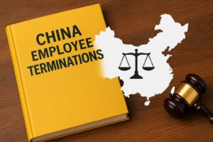 A yellow book titled "China Employee Terminations" next to a cutout of China with scales of justice and a judge's gavel on a wooden surface.