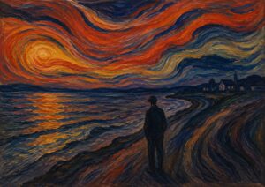 A person stands on a beach at sunset under a swirling, vibrant sky of red, orange, and blue. Waves approach the shore as houses and a church are visible in the distance.