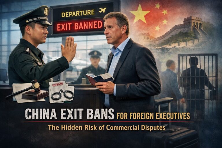 A Chinese officer stops a foreign executive at airport security; text reads "China Exit Bans for Foreign Executives: The Hidden Risk of Commercial Disputes.