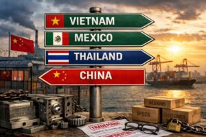 Directional signs with flags for Vietnam, Mexico, Thailand, and China near a shipping port, with containers, cranes, and industrial equipment in the background at sunset.
