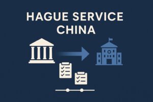 Graphic showing "Hague Service China" with icons of two buildings, a rightward arrow, checklists, and a horizontal slider, symbolizing legal document service between institutions.