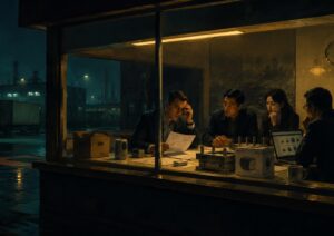 Four people sit around a table in a dimly lit office at night, examining documents and a laptop, with industrial buildings visible through the window.
