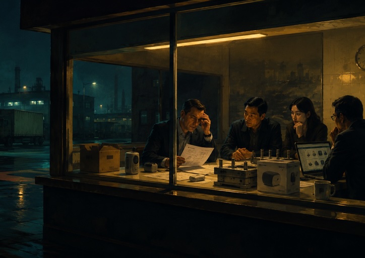 Four people sit around a table in a dimly lit office at night, examining documents and a laptop, with industrial buildings visible through the window.