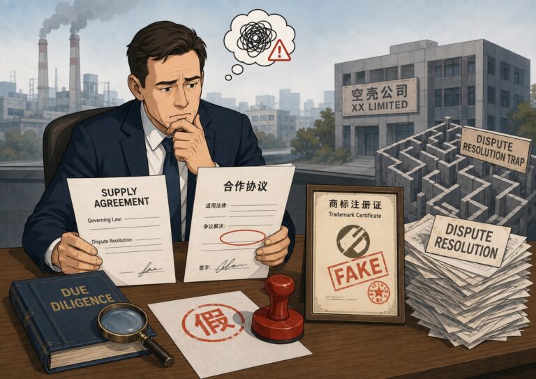 A man sits at a desk with legal documents, a fake trademark certificate, and a stack of dispute papers, looking concerned. An industrial building labeled “XX Limited” is in the background.
