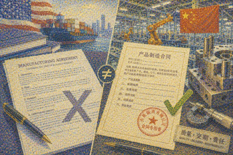 Two contracts side by side: a rejected English “Manufacturing Agreement” on the left and an approved China Manufacturing Contracts document on the right, set against industrial and shipping backgrounds with a Chinese flag.