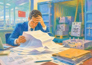 A man in a suit studies large documents at a desk with blueprints, an open safe behind him, and a Chinese flag visible through the window.