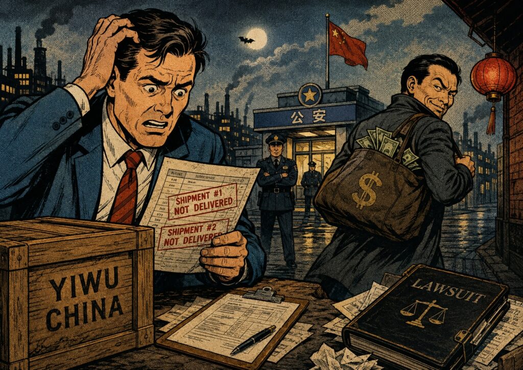 A worried man reads undelivered shipment notices at a desk; another man with a money bag smirks outside a police station under the Chinese flag, with lawsuit papers visible.
